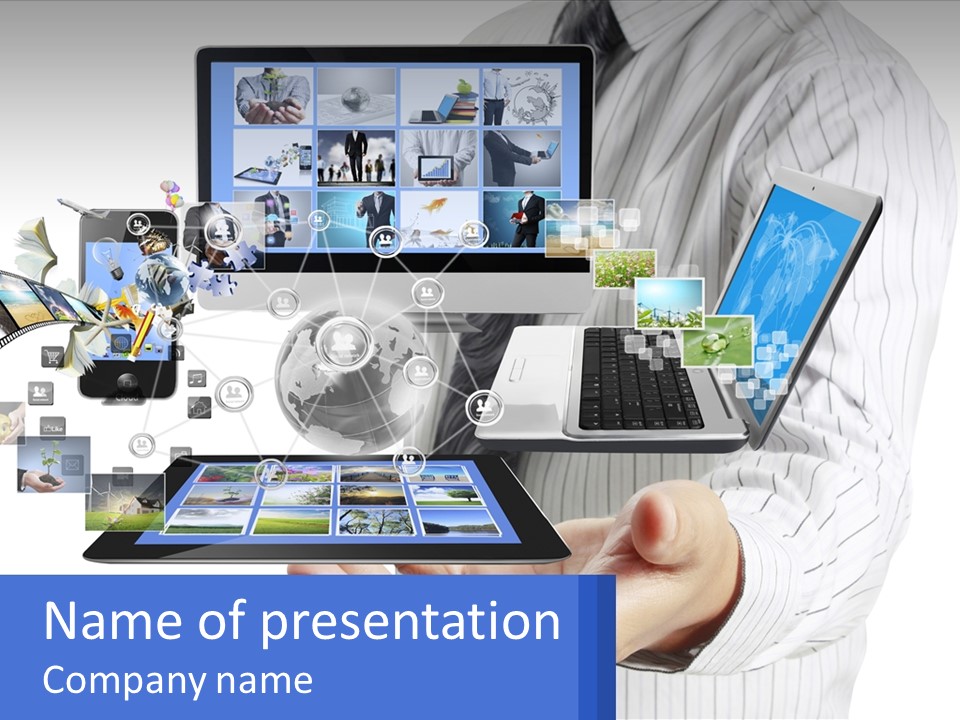 A Man Holding A Tablet With A Lot Of Pictures On It PowerPoint Template