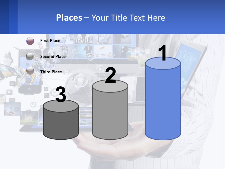 A Man Holding A Tablet With A Lot Of Pictures On It PowerPoint Template