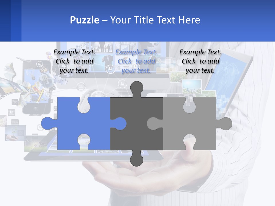 A Man Holding A Tablet With A Lot Of Pictures On It PowerPoint Template