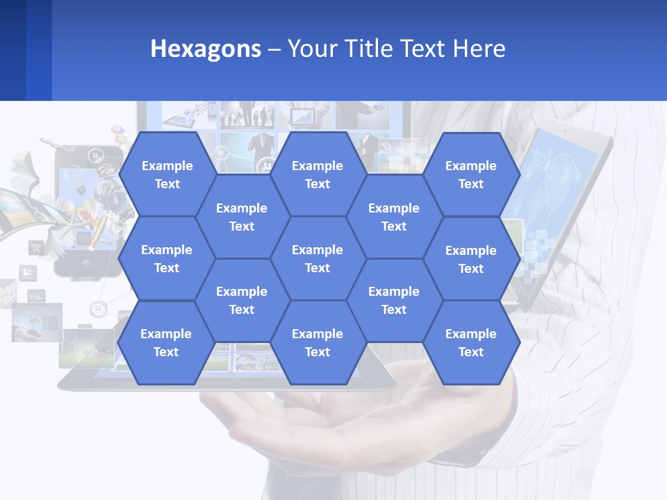 A Man Holding A Tablet With A Lot Of Pictures On It PowerPoint Template