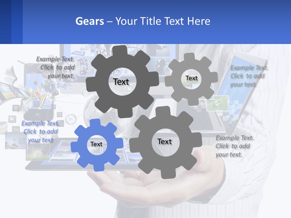 A Man Holding A Tablet With A Lot Of Pictures On It PowerPoint Template