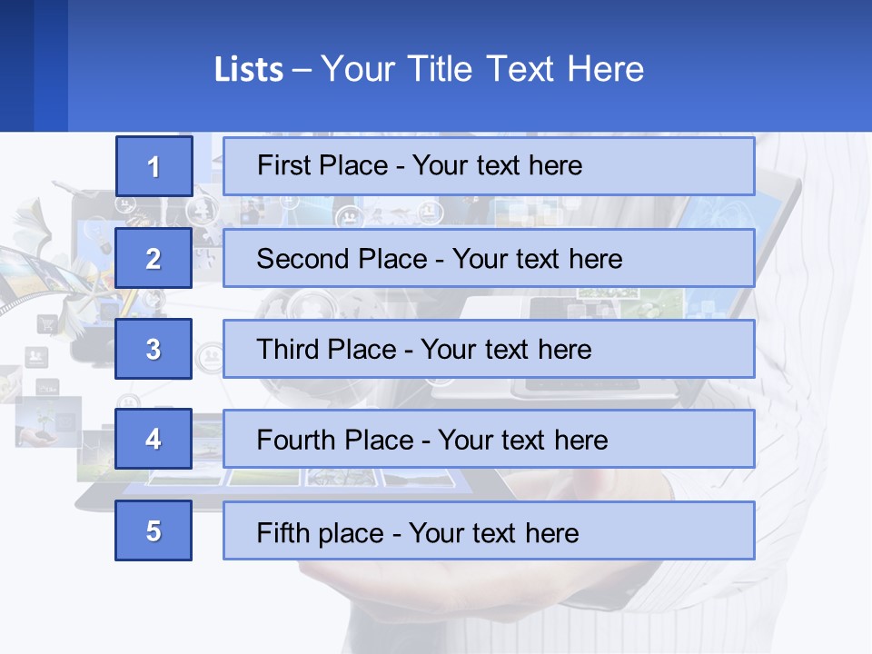 A Man Holding A Tablet With A Lot Of Pictures On It PowerPoint Template
