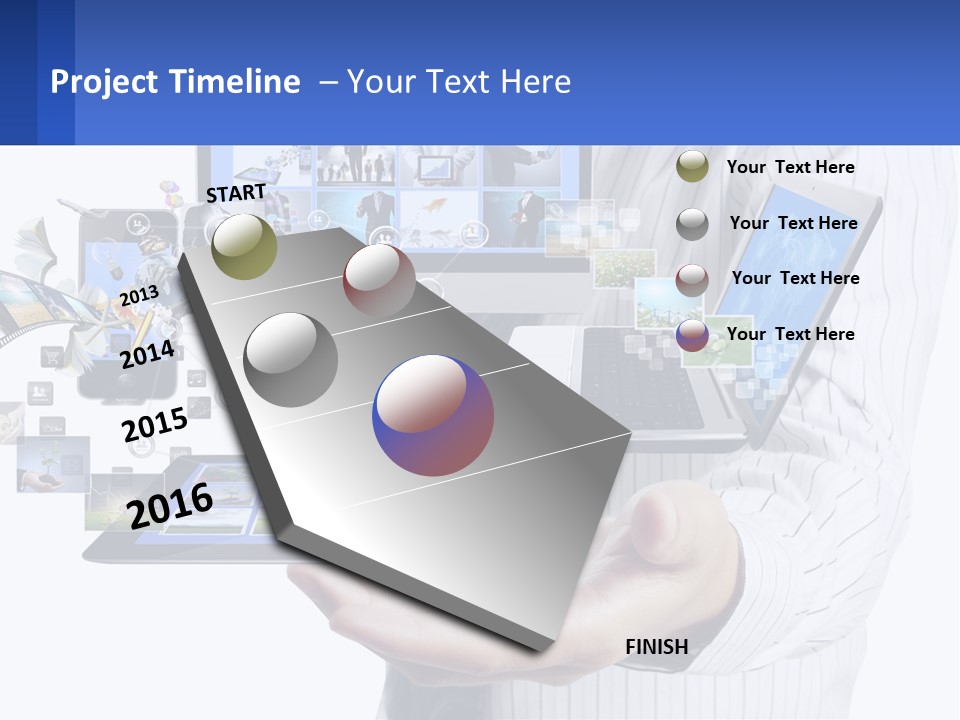 A Man Holding A Tablet With A Lot Of Pictures On It PowerPoint Template