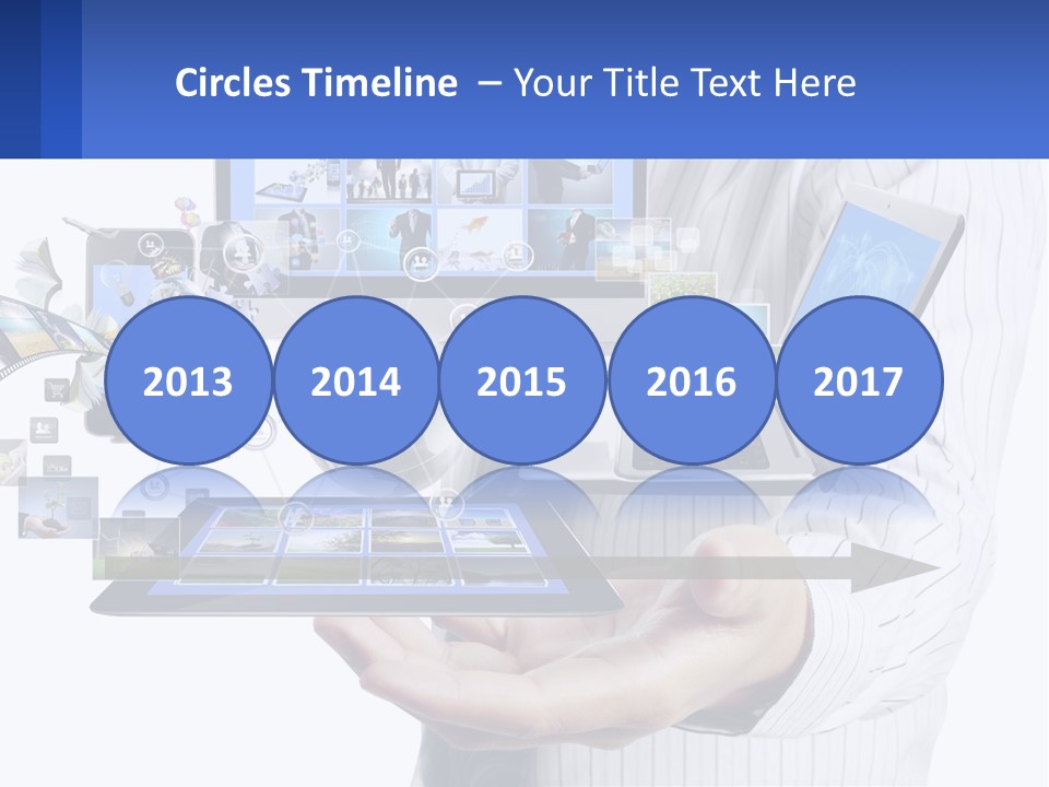 A Man Holding A Tablet With A Lot Of Pictures On It PowerPoint Template