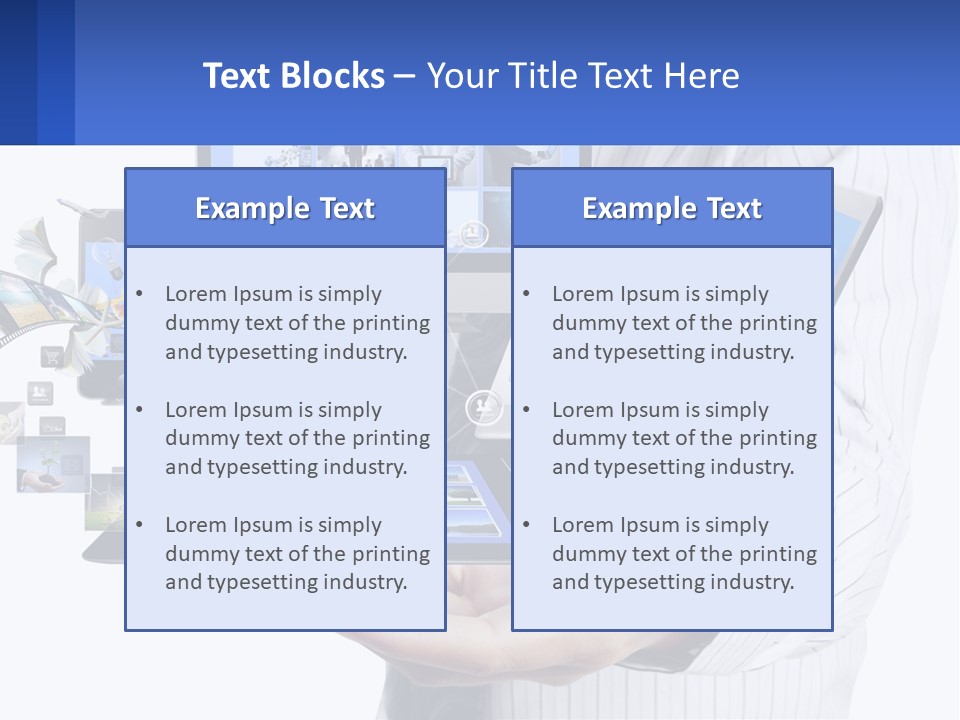 A Man Holding A Tablet With A Lot Of Pictures On It PowerPoint Template
