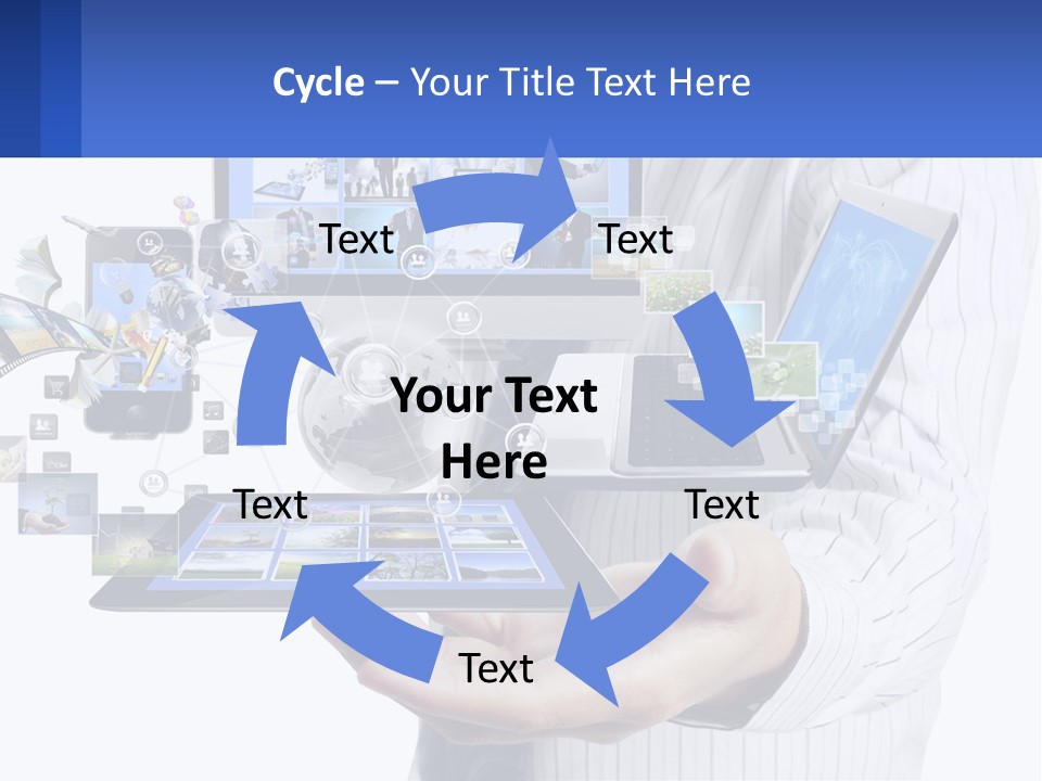 A Man Holding A Tablet With A Lot Of Pictures On It PowerPoint Template