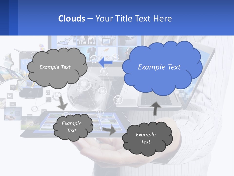 A Man Holding A Tablet With A Lot Of Pictures On It PowerPoint Template