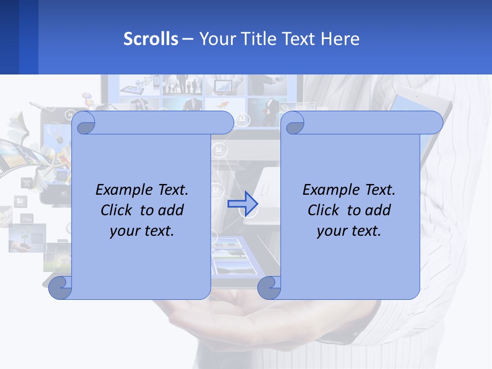 A Man Holding A Tablet With A Lot Of Pictures On It PowerPoint Template