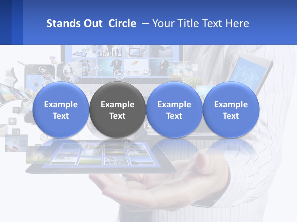 A Man Holding A Tablet With A Lot Of Pictures On It PowerPoint Template