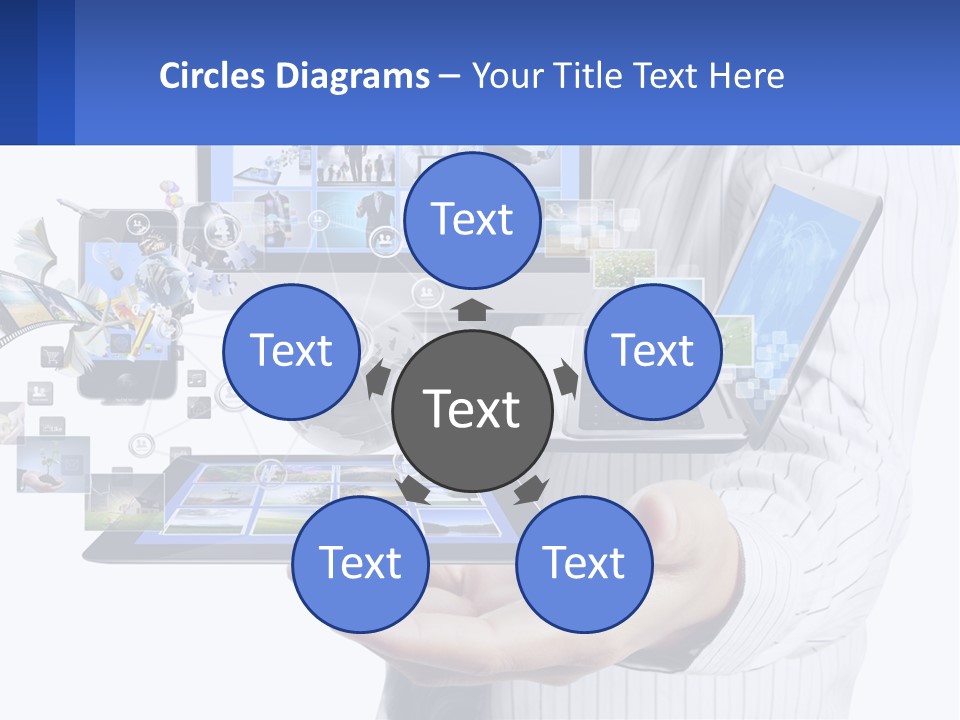 A Man Holding A Tablet With A Lot Of Pictures On It PowerPoint Template