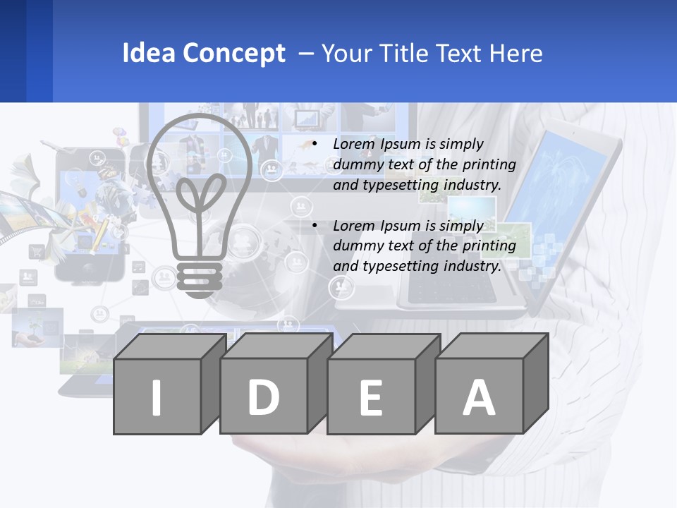 A Man Holding A Tablet With A Lot Of Pictures On It PowerPoint Template