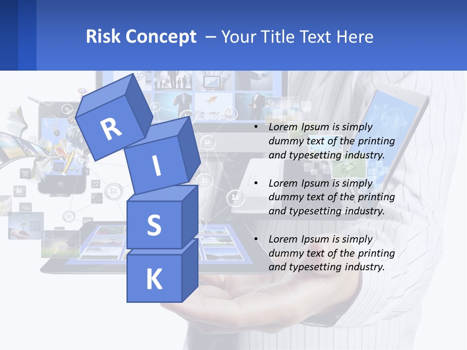 A Man Holding A Tablet With A Lot Of Pictures On It PowerPoint Template