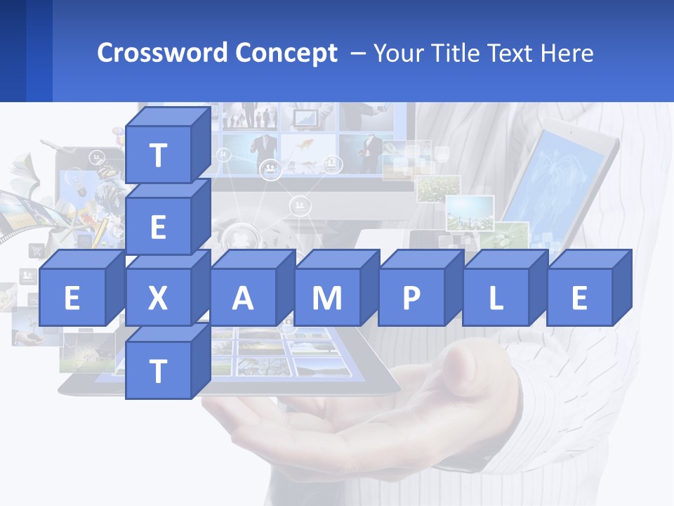 A Man Holding A Tablet With A Lot Of Pictures On It PowerPoint Template