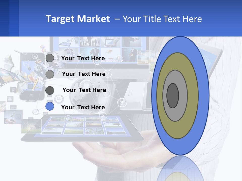 A Man Holding A Tablet With A Lot Of Pictures On It PowerPoint Template