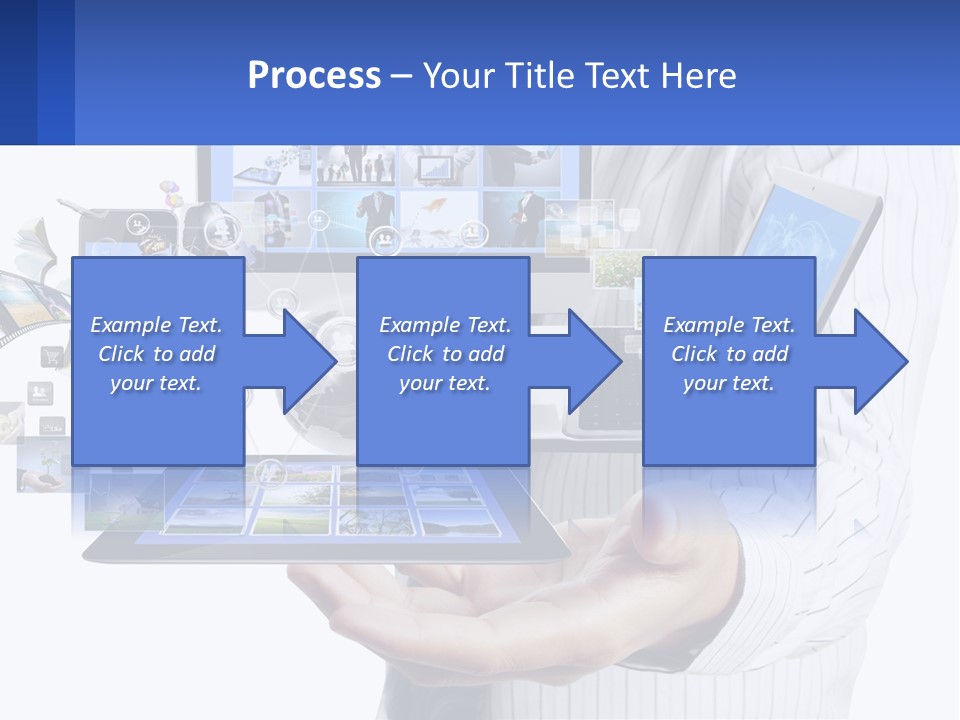 A Man Holding A Tablet With A Lot Of Pictures On It PowerPoint Template