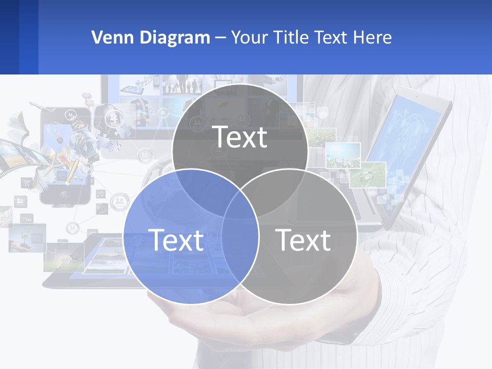 A Man Holding A Tablet With A Lot Of Pictures On It PowerPoint Template
