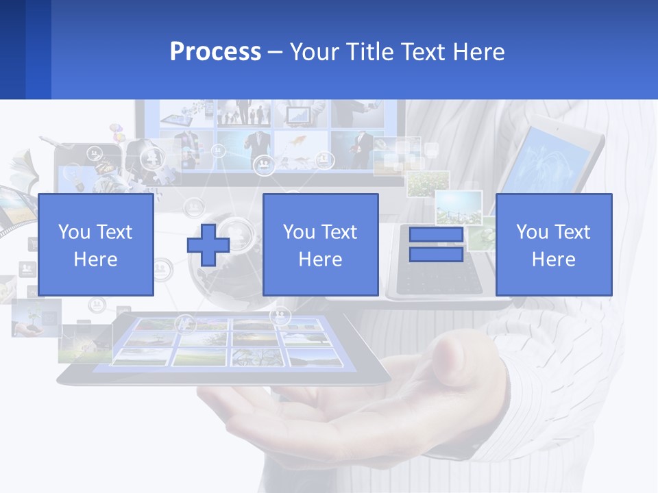 A Man Holding A Tablet With A Lot Of Pictures On It PowerPoint Template