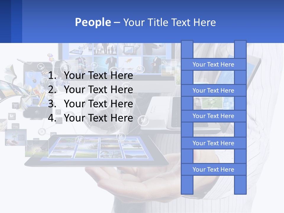 A Man Holding A Tablet With A Lot Of Pictures On It PowerPoint Template