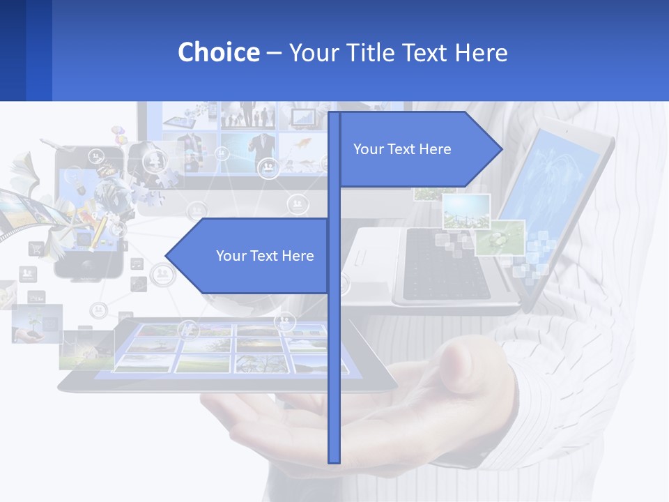 A Man Holding A Tablet With A Lot Of Pictures On It PowerPoint Template