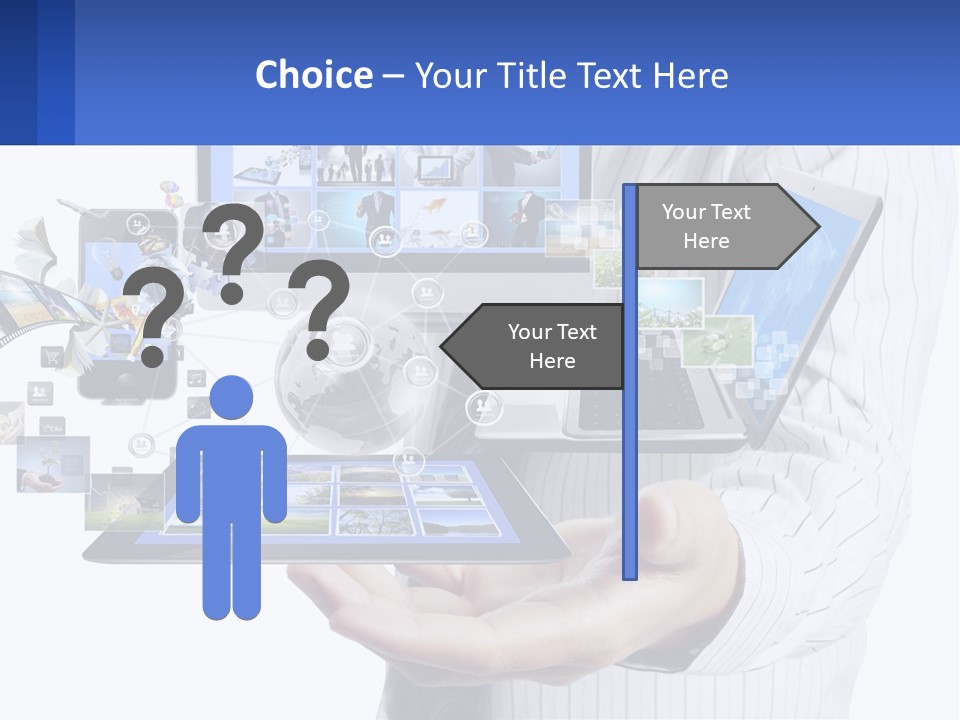 A Man Holding A Tablet With A Lot Of Pictures On It PowerPoint Template