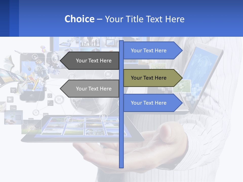 A Man Holding A Tablet With A Lot Of Pictures On It PowerPoint Template
