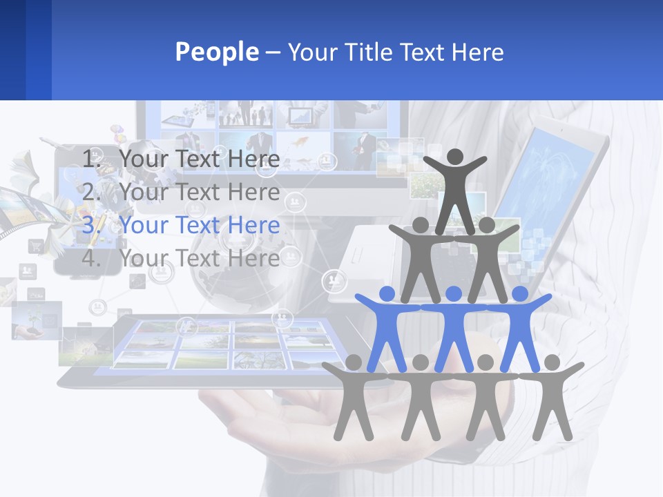 A Man Holding A Tablet With A Lot Of Pictures On It PowerPoint Template