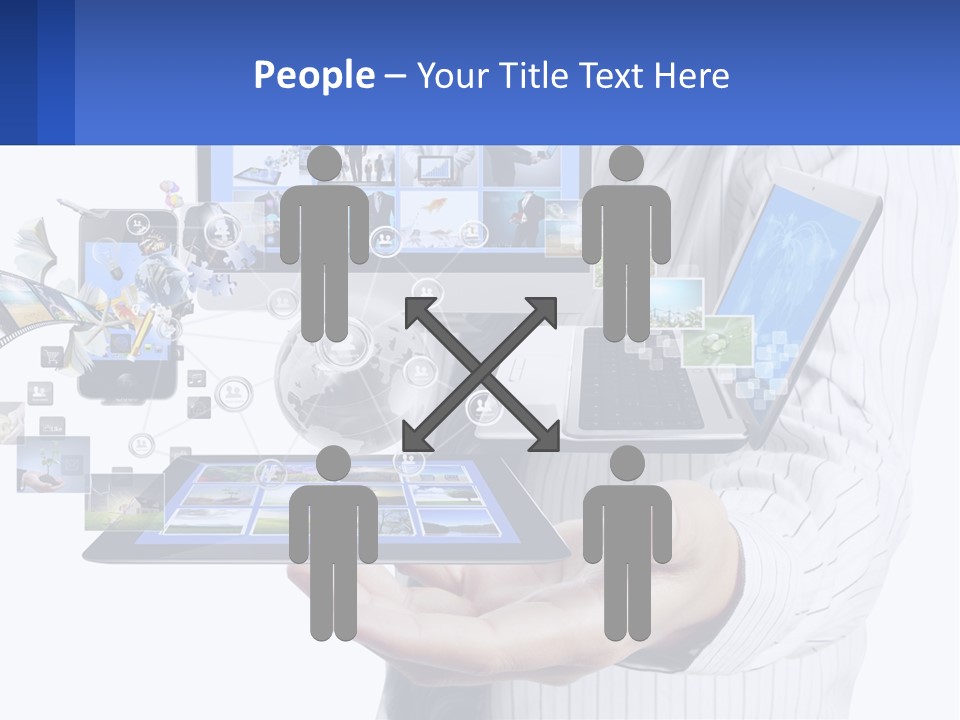 A Man Holding A Tablet With A Lot Of Pictures On It PowerPoint Template