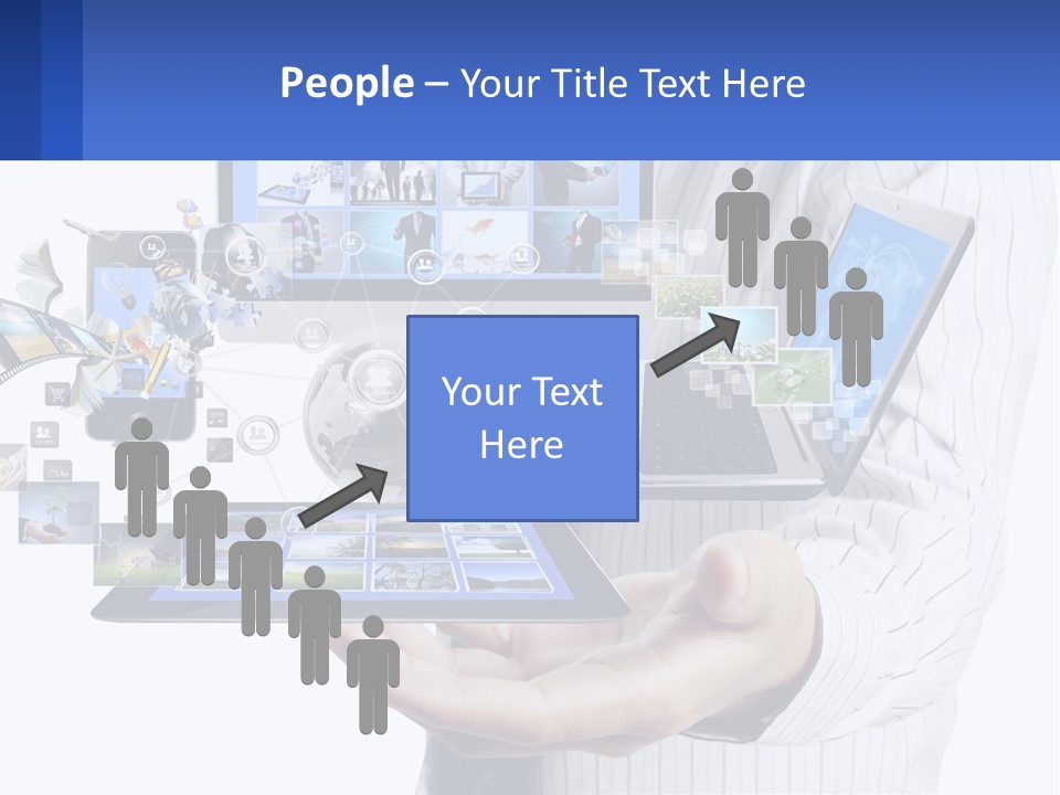 A Man Holding A Tablet With A Lot Of Pictures On It PowerPoint Template