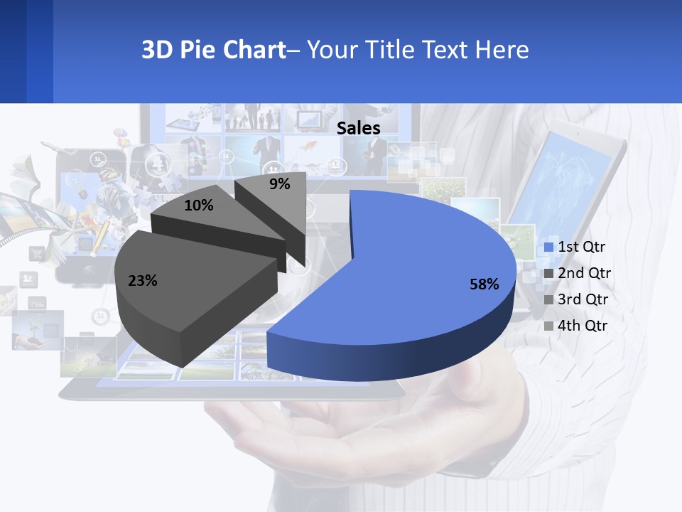A Man Holding A Tablet With A Lot Of Pictures On It PowerPoint Template