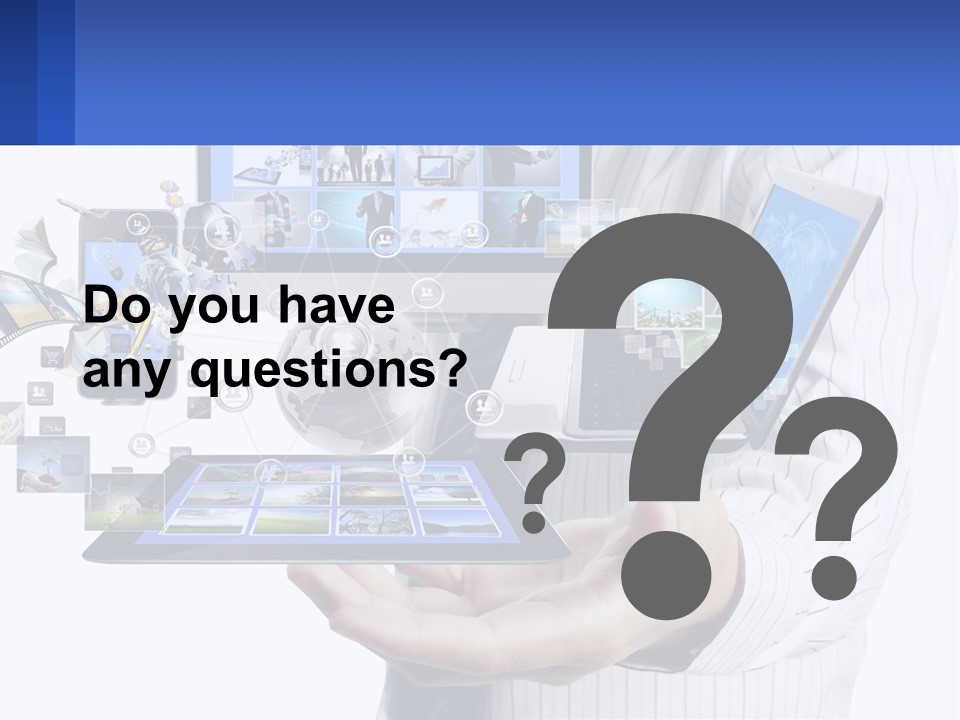 A Man Holding A Tablet With A Lot Of Pictures On It PowerPoint Template