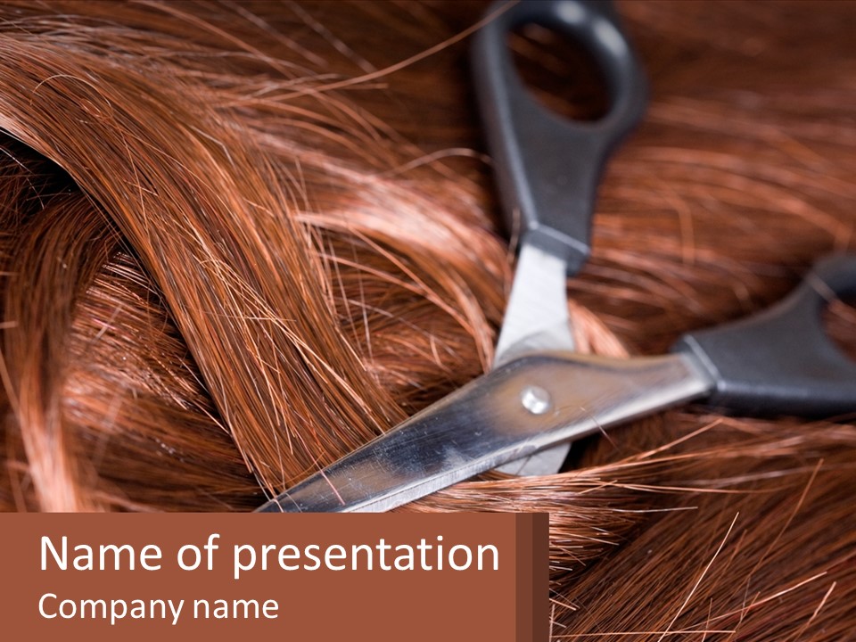 A Pair Of Scissors Cutting Hair On Top Of A Pile Of Red Hair PowerPoint Template