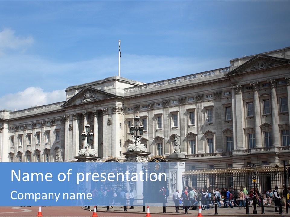 A Large Building With A Blue Sign In Front Of It PowerPoint Template