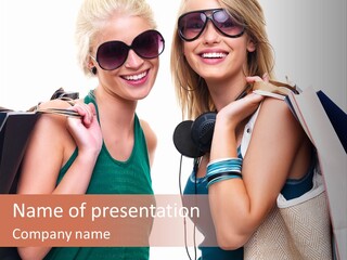 Two Beautiful Young Women Holding Shopping Bags Powerpoint Template PowerPoint Template
