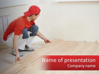A Man In Red Shirt And White Pants Working On A Wooden Floor PowerPoint Template