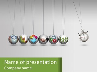 A Group Of Balls Hanging From Strings With A Clock In The Middle PowerPoint Template