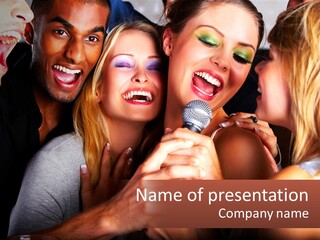 A Group Of People Singing Into A Microphone PowerPoint Template