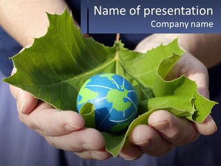 A Person Holding A Green Leaf With A Blue Globe In It PowerPoint Template