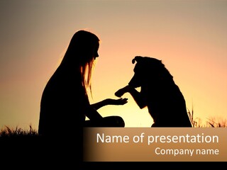 A Woman Sitting Next To A Dog On Top Of A Field PowerPoint Template