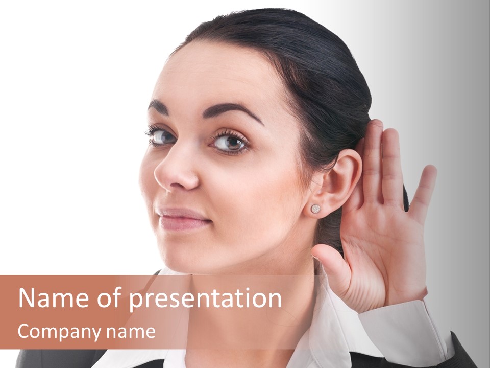 A Woman In A Business Suit Is Holding Her Hand Up To Her Ear PowerPoint Template