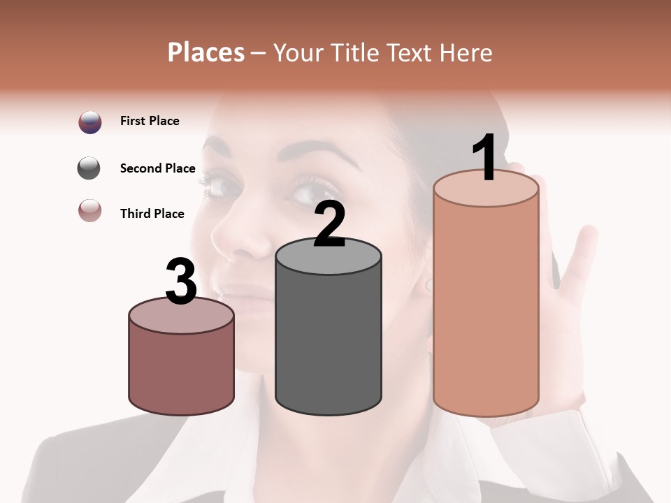 A Woman In A Business Suit Is Holding Her Hand Up To Her Ear PowerPoint Template