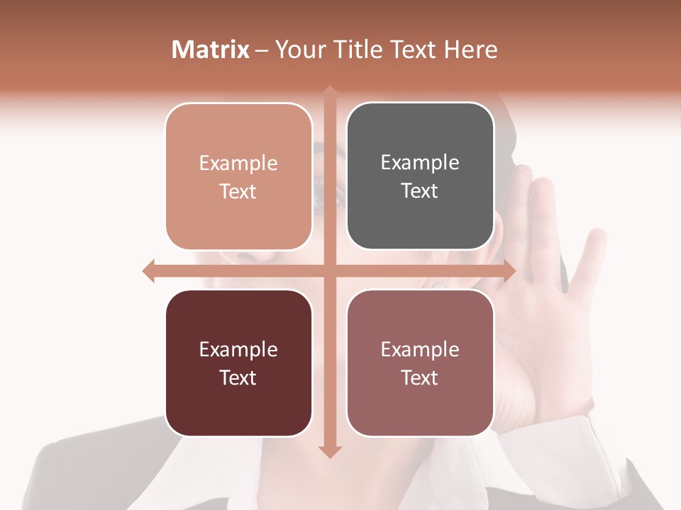 A Woman In A Business Suit Is Holding Her Hand Up To Her Ear PowerPoint Template