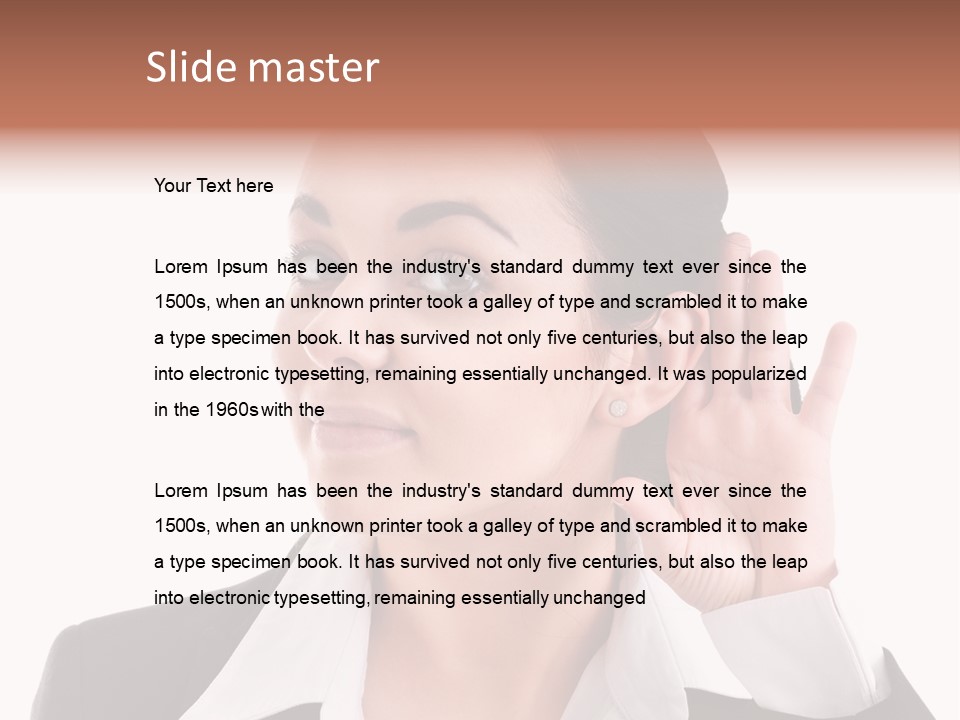 A Woman In A Business Suit Is Holding Her Hand Up To Her Ear PowerPoint Template