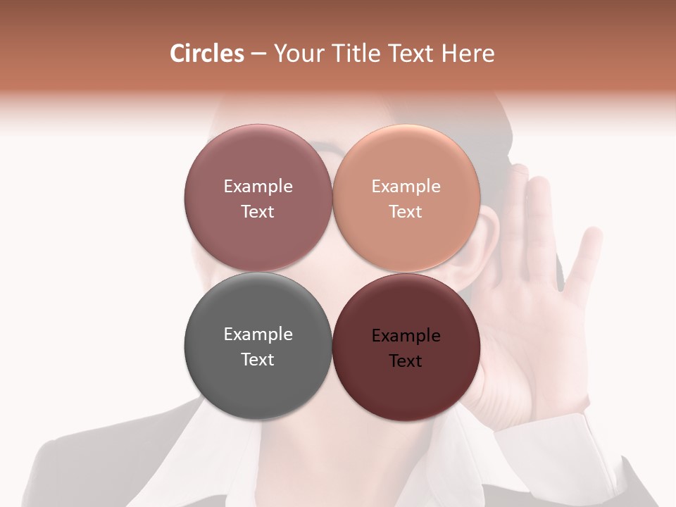 A Woman In A Business Suit Is Holding Her Hand Up To Her Ear PowerPoint Template