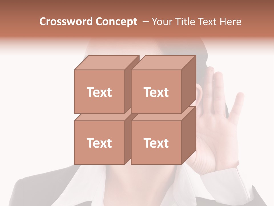 A Woman In A Business Suit Is Holding Her Hand Up To Her Ear PowerPoint Template