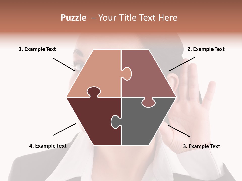 A Woman In A Business Suit Is Holding Her Hand Up To Her Ear PowerPoint Template