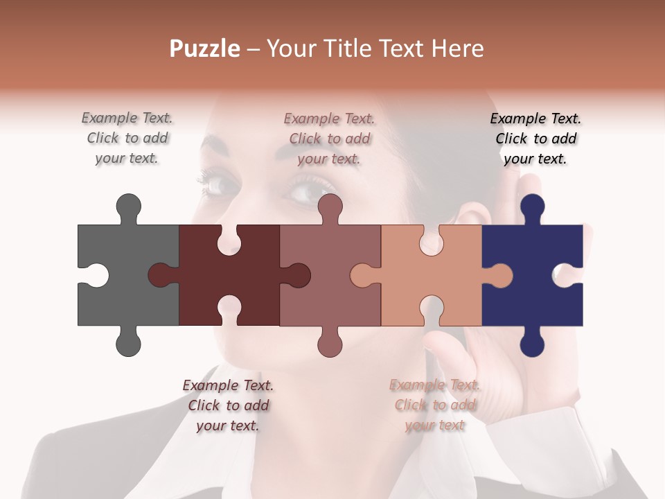 A Woman In A Business Suit Is Holding Her Hand Up To Her Ear PowerPoint Template