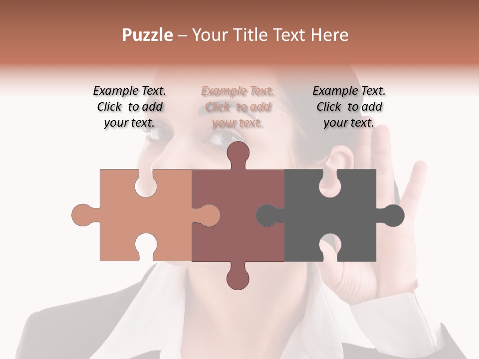 A Woman In A Business Suit Is Holding Her Hand Up To Her Ear PowerPoint Template