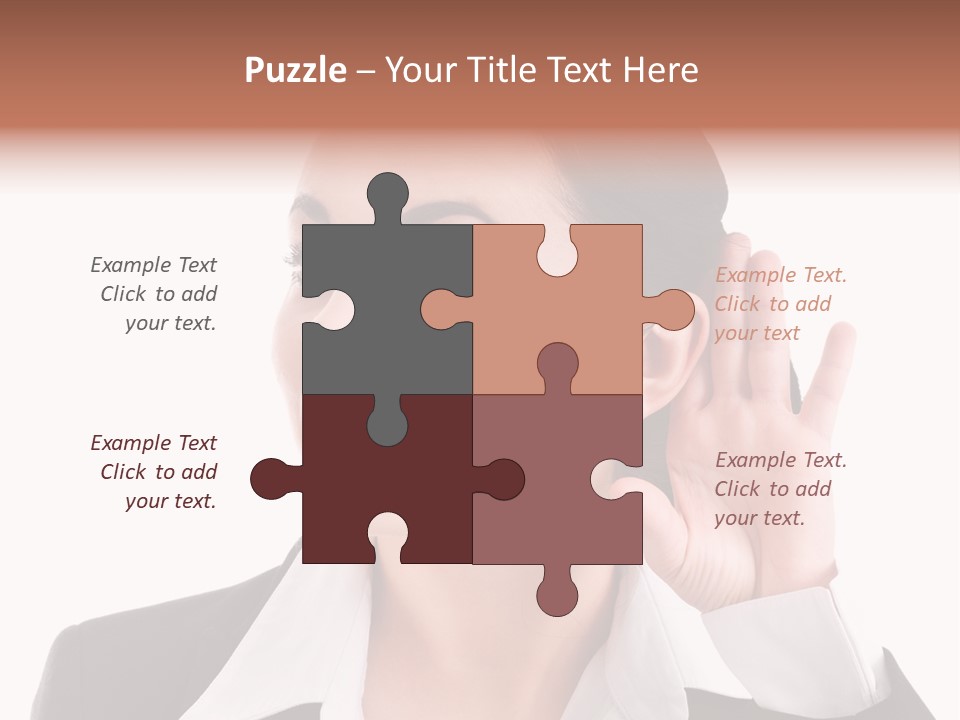 A Woman In A Business Suit Is Holding Her Hand Up To Her Ear PowerPoint Template