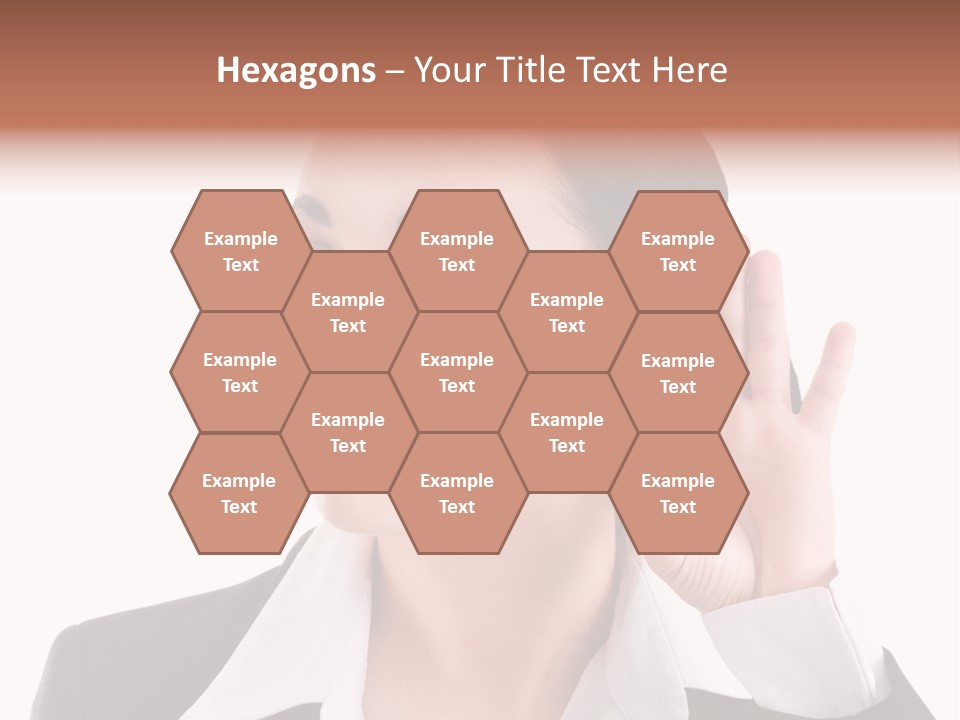 A Woman In A Business Suit Is Holding Her Hand Up To Her Ear PowerPoint Template