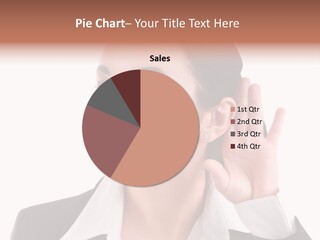 A Woman In A Business Suit Is Holding Her Hand Up To Her Ear PowerPoint Template